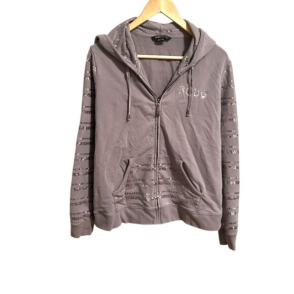BCBGMaxAzria Gray Sequin Hoodie • Women’s XL • Y2K Bling Branded Heart Design - Picture 1 of 8